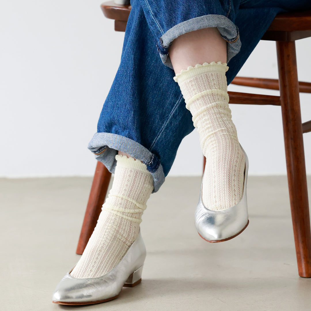 011141551 Picot Lace Pattern Crew Socks