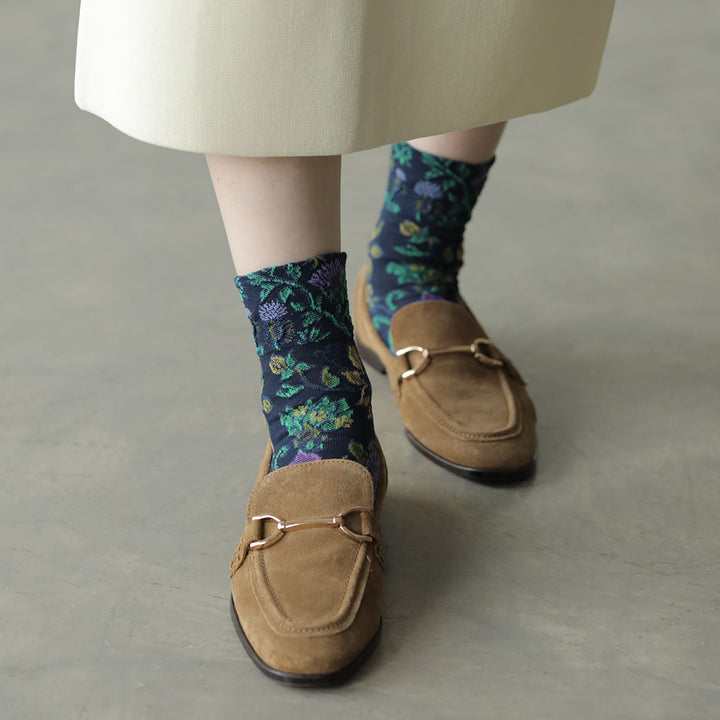 Navy Flower Embroidered Pattern Socks