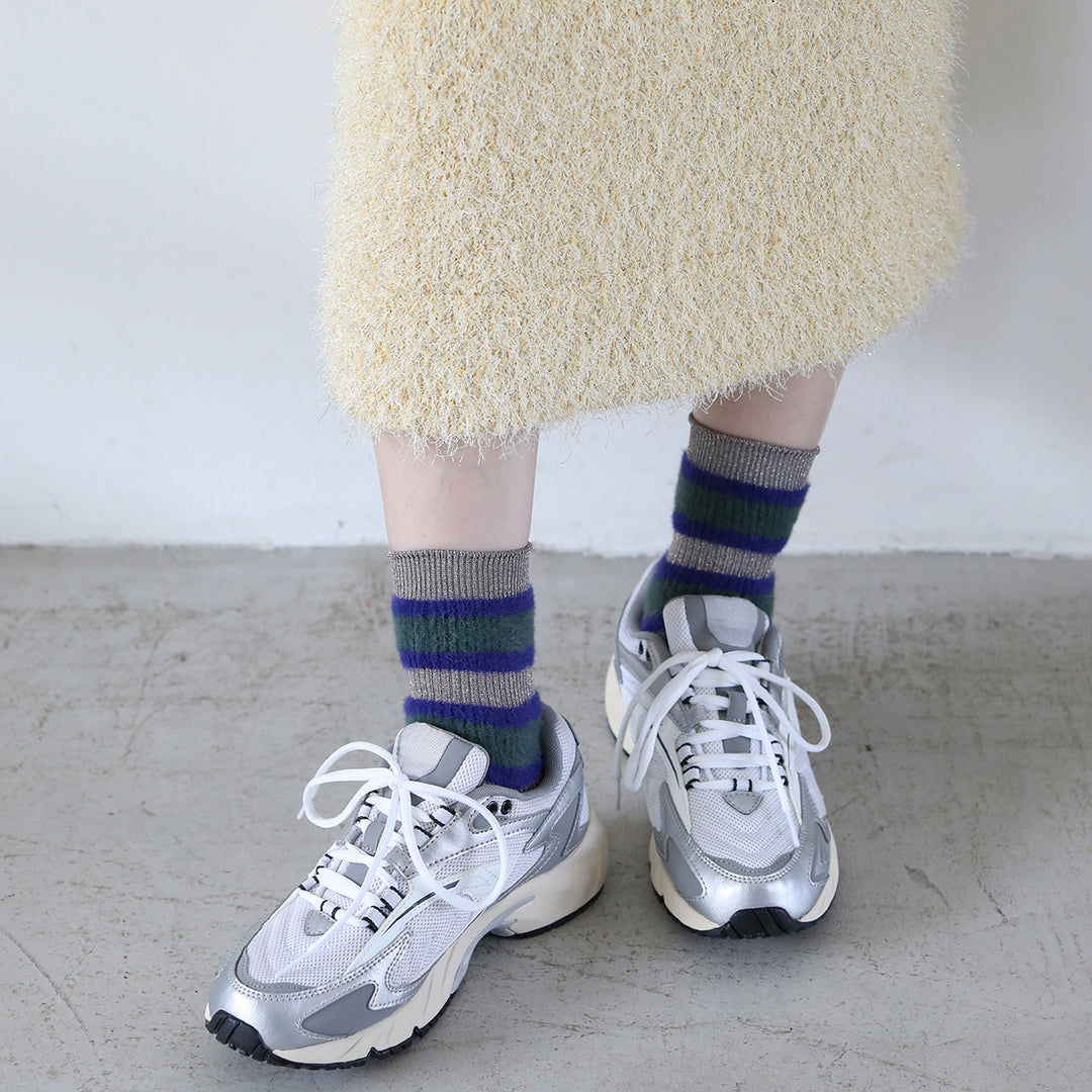 021132564 Fluffy Stripe Rib Lamé Low Crew Socks