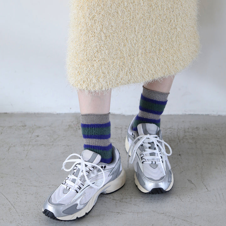 021132564 Fluffy Stripe Rib Lamé Low Crew Socks