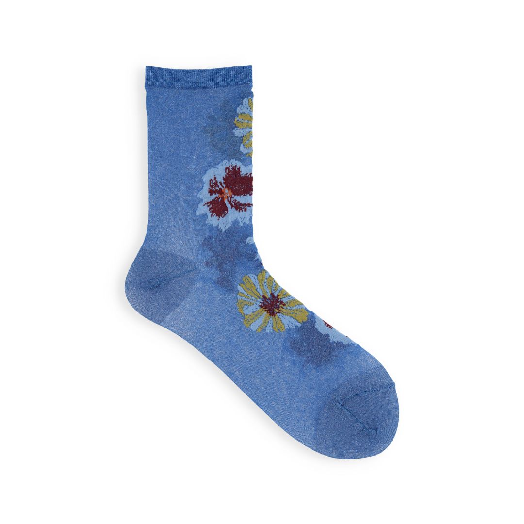 021132611 Sheer Glitter Flower Low Crew Socks