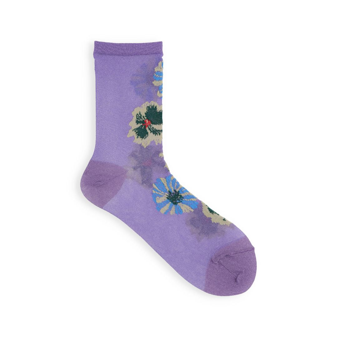 021132611 Sheer Glitter Flower Low Crew Socks