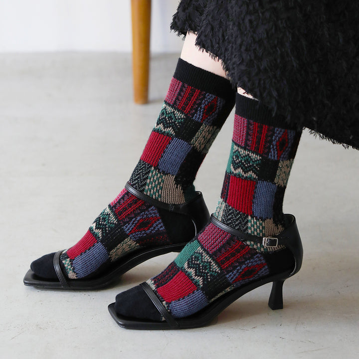 021140621 Wool Jacquard Patchwork Crew Socks