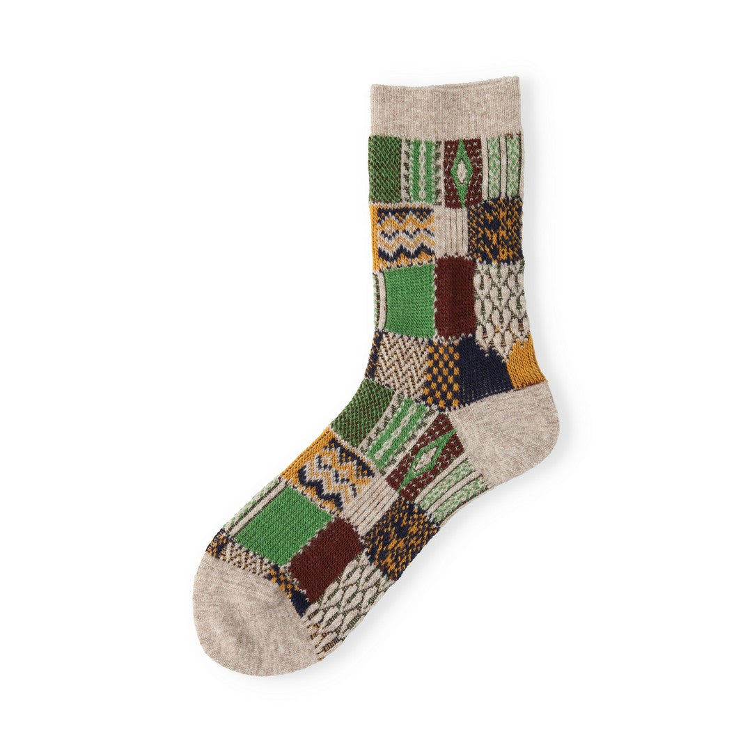 021140621 Wool Jacquard Patchwork Crew Socks