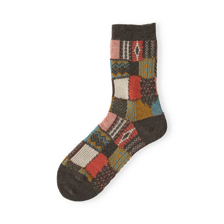 021140621 Wool Jacquard Patchwork Crew Socks