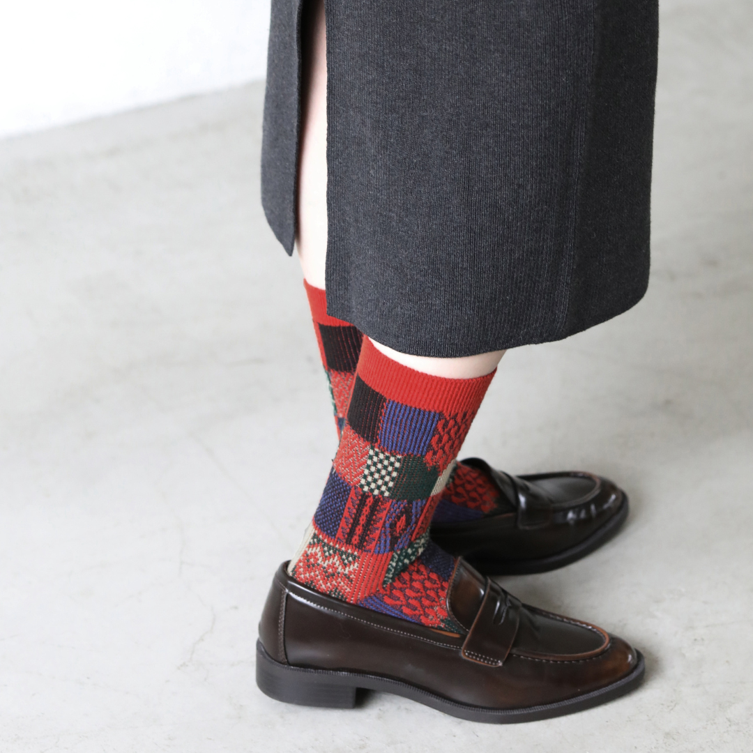 021140621 Wool Jacquard Patchwork Crew Socks