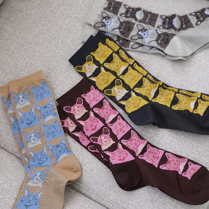 021140827 Cat Face Pattern Crew Socks