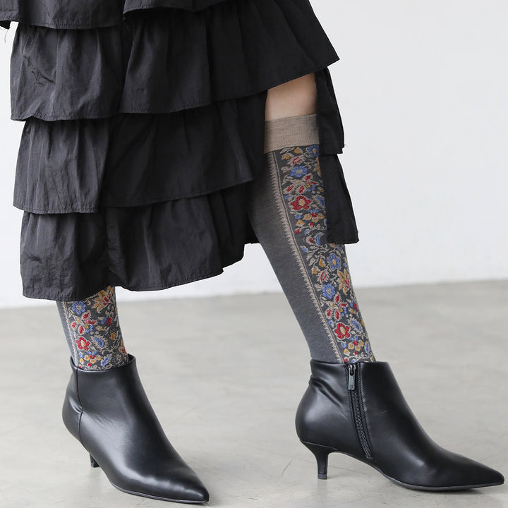 021170201 Wool Blend Front Flower Knee High Socks