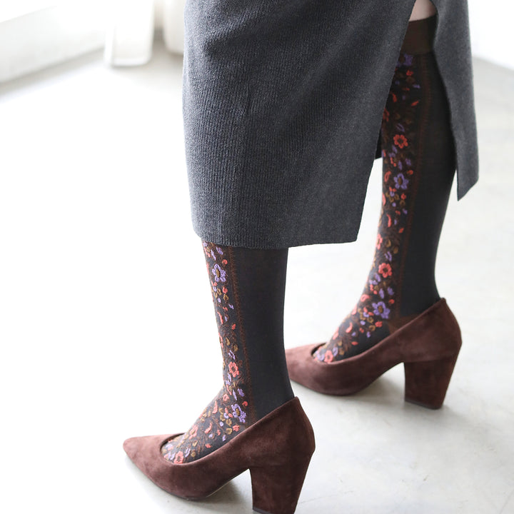 021170201 Wool Blend Front Flower Knee High Socks