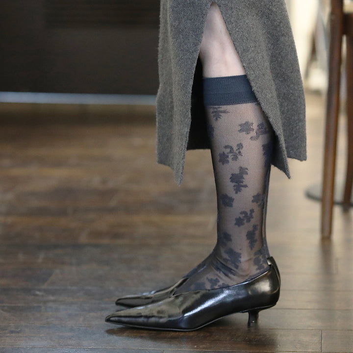 021170205 Semi Sheer Lacy Knee High Socks