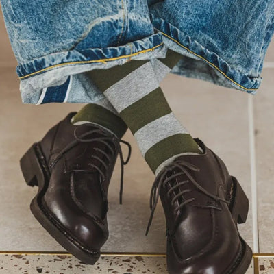 Grey Wide Striped Mid Calf Socks